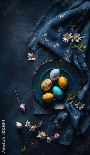 Dark Blue Easter background template with Easter eggs - Greetings and presents for Easter Day - Copy Space - Generative AI