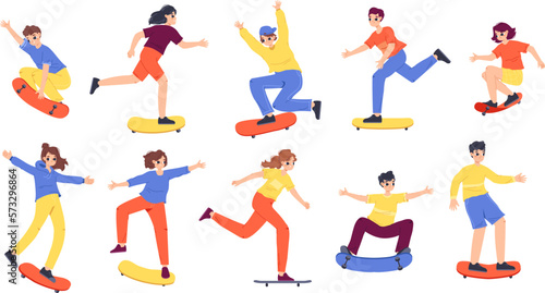 Teenagers skateboarders characters. Girl boy skateboarding, young person on skateboard. Summer outdoor sport activity, snugly jumping vector people