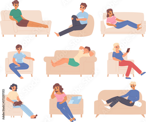 Rest on sofa and chairs. Men relaxing on couch, young people resting, sleeping and dreaming. Teenager relax with smartphone, girl hold cat snugly vector set