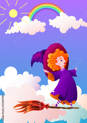 An illustration for children depicting a little red-haired witch girl flying through a clear sky on a broomstick on a sunny day. Vector illustration.