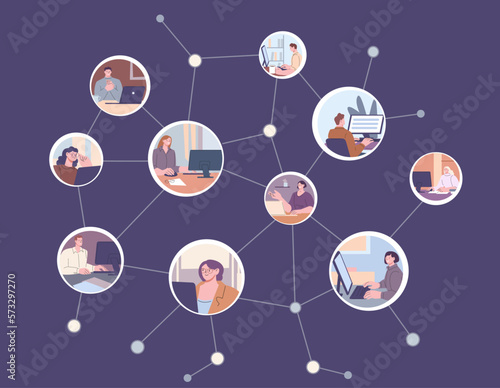 Communication network. People working collaboration, international or worldwide job community. IT developers, programmers and designers, digital vector net