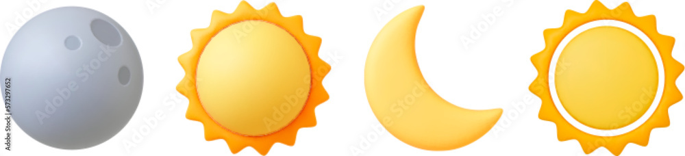 Various 3d sun and moon, crescent isolated icon. Realistic render of star and planet, full gray moon and yellow sunny. Celestial vector elements Various 3d sun and moon, crescent isolated icon. Realistic render of star and planet, full gray moon and yellow sunny. Celestial vector elements