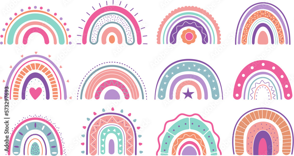 Abstract doodle kids rainbow. Kindergarten rainbows stickers design for walls, nursery decorations. Boho pastel fabric print elements, decent vector clipart Abstract doodle kids rainbow. Kindergarten rainbows stickers design for walls, nursery decorations. Boho pastel fabric print elements, decent vector clipart