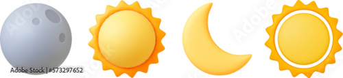 Various 3d sun and moon, crescent isolated icon. Realistic render of star and planet, full gray moon and yellow sunny. Celestial vector elements