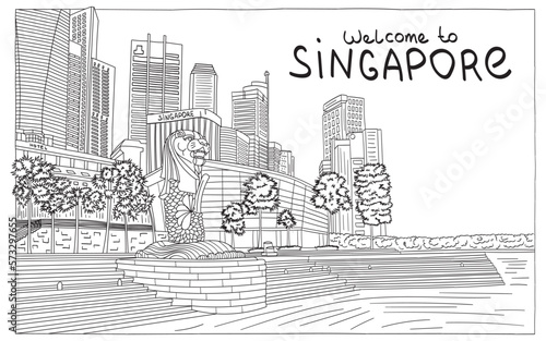 Singapore city skyline at Marina Bay, Merlion one of landmark Singapore, vector design