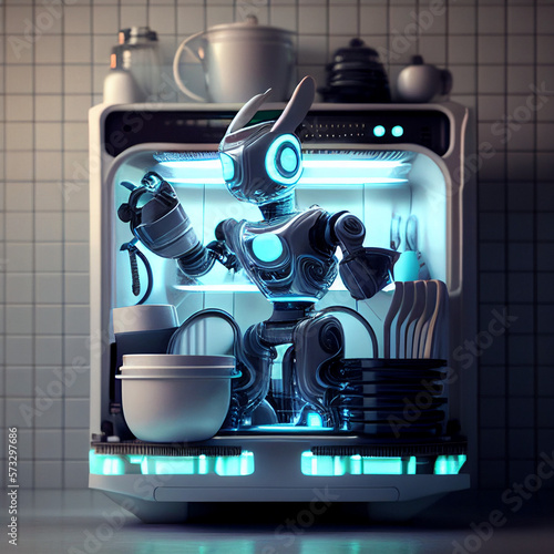 house assistant robot washing dishes in the house with a modern light design. created using Generative All Technology