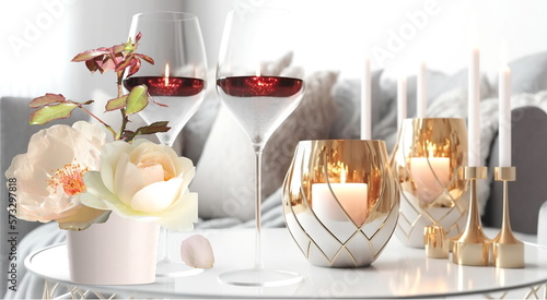  Burning candles ,white roses and glasses of wine for Valentine's Day on table in modern white living room, closeup,romantic background ,generated ai