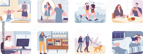 Couple everyday life routine. Family at house, on work and outdoor walking. Breakfast and wake up time, sport and dinner. Cute cartoon kicky vector scene