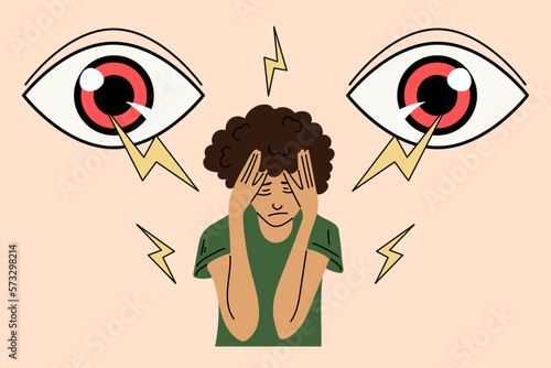 Sad girl suffers from bullying and stalkers. Young woman surrounded by big eyes, feels helpless and stressed. Vector illustration in cartoon style.