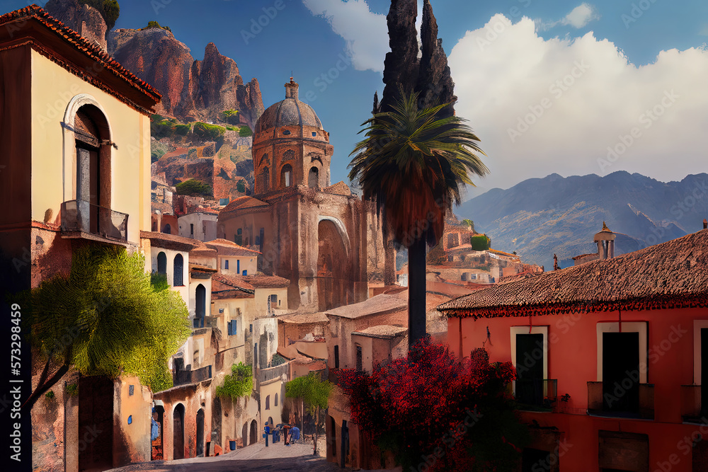 Naklejka premium Taormina, Sicily, realistic. Generative Ai