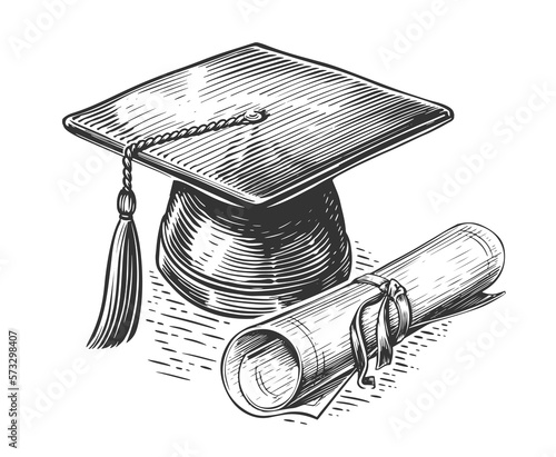 Graduation cap with tassel and rolled diploma. Mortarboard and Degree. Sketch illustration