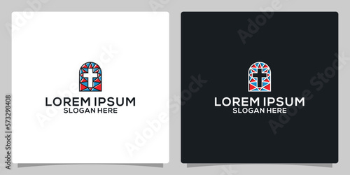 Old arc window vector logo. Christian church cross colorful icon. Religious or vintage symbol.