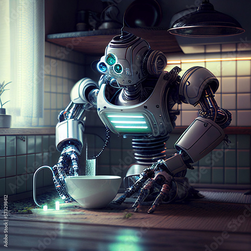house assistant robot washing dishes in the house with a modern light design. created using Generative All Technology