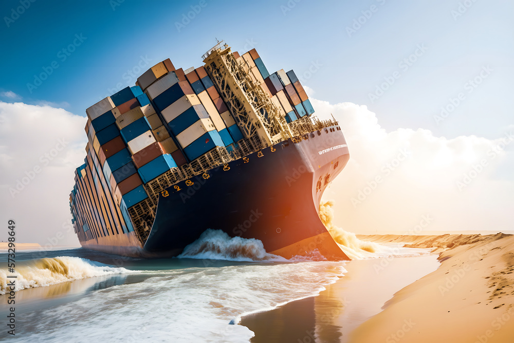 Container cargo ship accident crash sandy canal. Concept Global problem