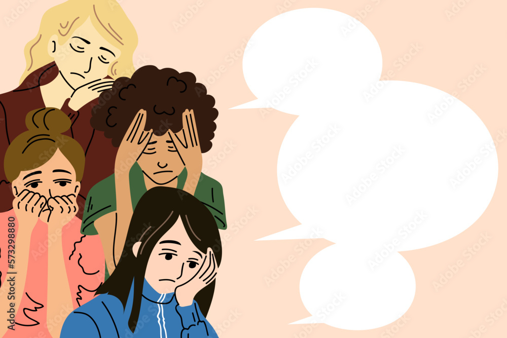 Banner with sad stressed women with bubble speech. Template. Vector illustration in cartoon style. Banner with sad stressed women with bubble speech. Template. Vector illustration in cartoon style.