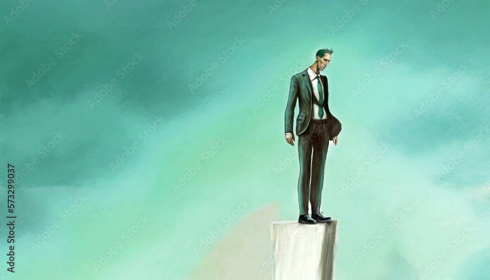 Pastel painting of a man in a suit standing on a stone pedestal looking down with clouds in the background. Pastel painting of a man in a suit standing on a stone pedestal looking down with clouds in the background.
