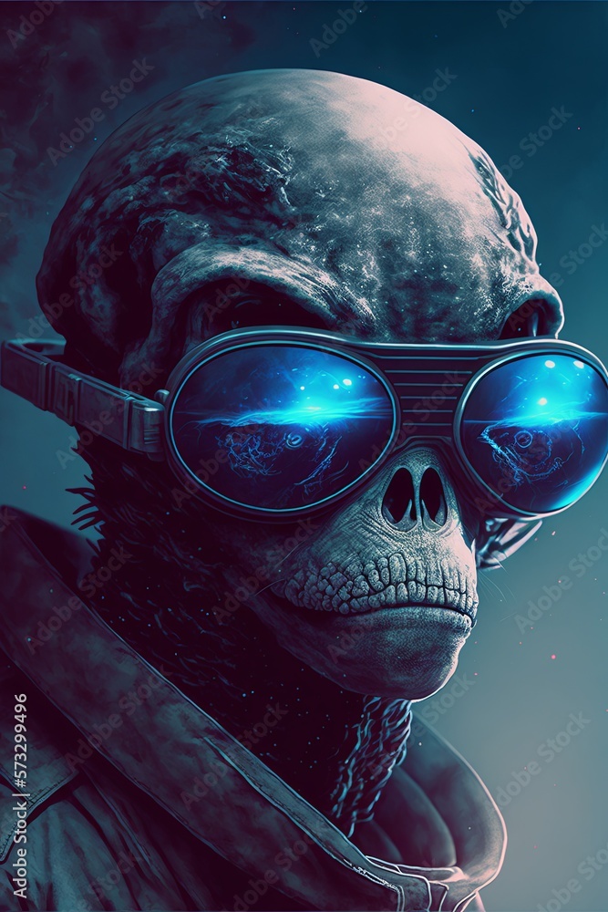 Portrait of scary alien with sunglasses. Concept of UFO and science-fiction. Generative AI.
