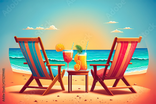 St  hle mit Cocktail am Strand mit Meerblick Illustration  Sommerurlaub