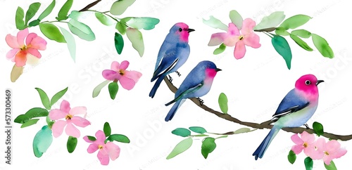 colorful birds. pink flower. minimalist. pastel color style. watercolor style painting © Cicero
