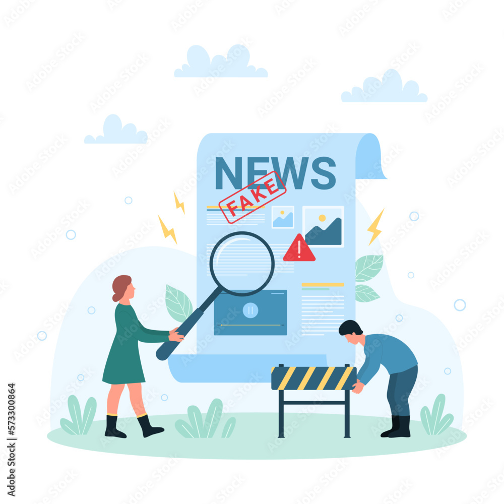 Fake news vector illustration. Cartoon tiny people research facts and social media information with magnifying glass, putting up construction barrier to stop spread and post false disinformation