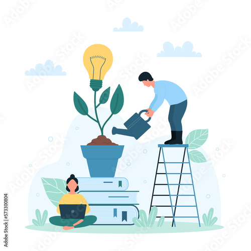 Creative idea research and development vector illustration. Cartoon tiny people grow light bulb, characters develop success innovation solution with aspiration and efforts, work on smart startup