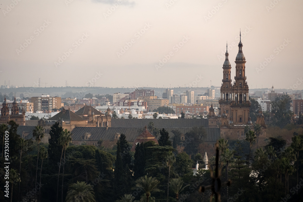A view of Plaza de Espana's towers taken from the Cathedral of Sevilla, Spain