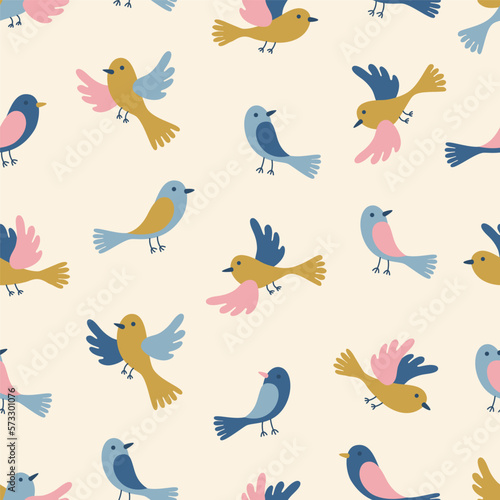 Spring theme seamless pattern with abstract hand drawn birds. Vector illustration.
