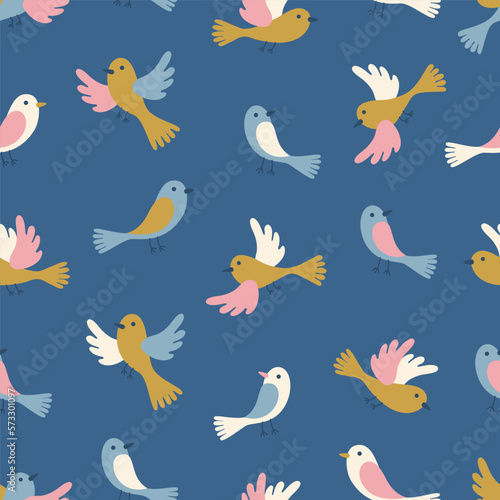 Spring theme seamless pattern with abstract hand drawn birds. Vector illustration.