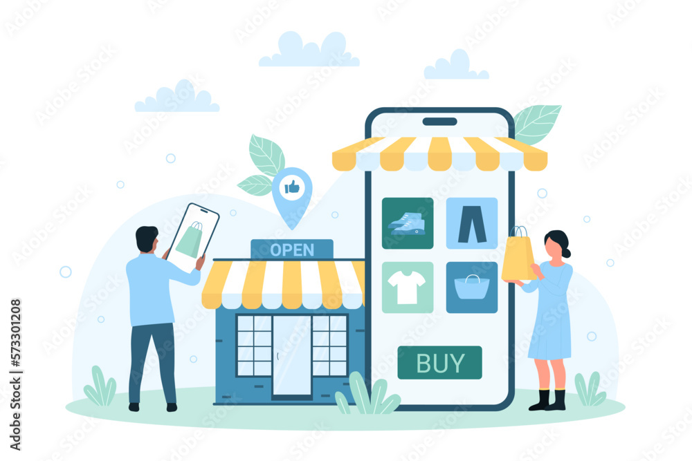 Mobile phone app for shopping vector illustration. Cartoon tiny people with smartphone buy fashion clothes and shoes in catalog of online retail store, search product in marketplace category and sales - obrazy, fototapety, plakaty 