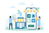 Mobile phone app for shopping vector illustration. Cartoon tiny people with smartphone buy fashion clothes and shoes in catalog of online retail store, search product in marketplace category and sales
