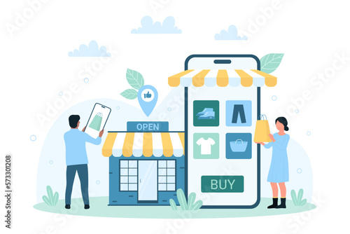 Mobile phone app for shopping vector illustration. Cartoon tiny people with smartphone buy fashion clothes and shoes in catalog of online retail store, search product in marketplace category and sales