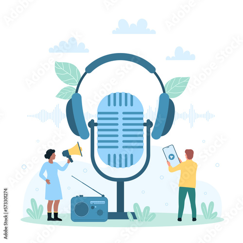 Sound podcast vector illustration. Cartoon tiny people using mobile app in phone and megaphone, microphone and headphones, radio receiver to listen and record voice interview or live music online