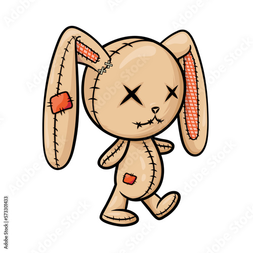 Crazy voodoo rabbit. Colored cute evil rabbit isolated. Sewn voodoo bunny walking through. Vector illustration. Stitched thread funny zombie monster. Design for stickers, cards, invitations.