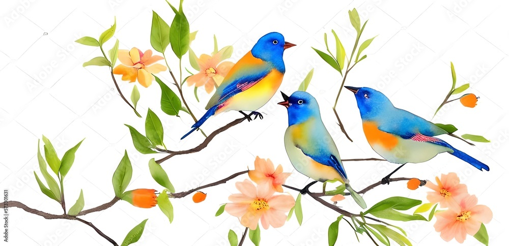 pair of blue birds. colorful birds. orange flowers. minimalist. pastel color style. watercolor style painting