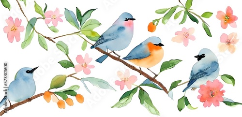 pair of blue birds. colorful birds. orange flowers. minimalist. pastel color style. watercolor style painting © Cicero