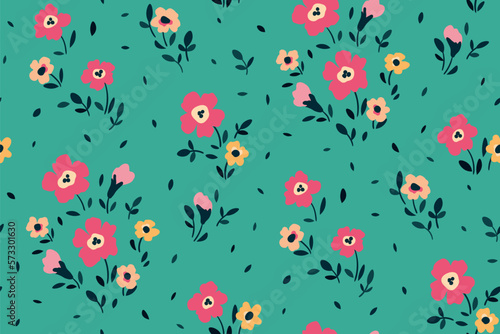 Wallpaper Mural Seamless floral pattern, liberty ditsy print with cute tiny flowers. Pretty botanical design with small hand drawn plants: flowers, leaves on a blue background. Vector illustration. Torontodigital.ca