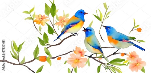 pair of blue birds. colorful birds. orange flowers. minimalist. pastel color style. watercolor style painting © Cicero