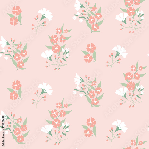 Seamless floral pattern, cute flower print with rustic motif. Pretty botanical design in pastel colors: bunches of wild flowers, leaves and herbs on a delicate pink background. Vector illustration.