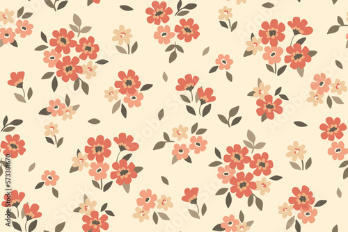 Seamless floral pattern, cute ditsy print with tiny plants in natural colors. Pretty botanical design, liberty arrangement of small hand drawn flowers, leaves on light background. Vector illustration. © Yulya i Kot