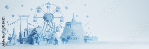 3d Songkran festival background in thailand water festival 3d with with blue water splash,thai architecture. ( Translation thai : Songkran Thailand )
