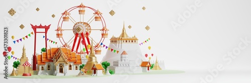 3d Songkran festival background in thailand water festival 3d with with blue water splash,thai architecture. ( Translation thai : Songkran Thailand )
