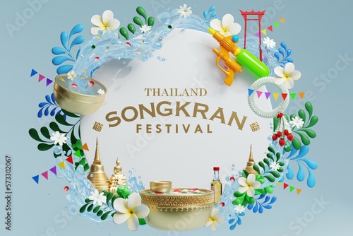 3d Songkran festival background in thailand water festival 3d with with blue water splash,thai architecture. ( Translation thai : Songkran Thailand )
