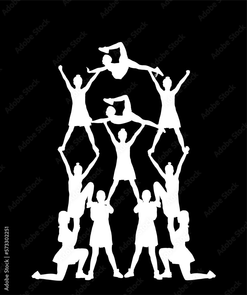 Cheerleader dancer figure vector silhouette illustration isolated on black. Cheer leading girl sport support. High school, collage cheer leading woman. Gymnastic lady pose perform. Energy dance fan.