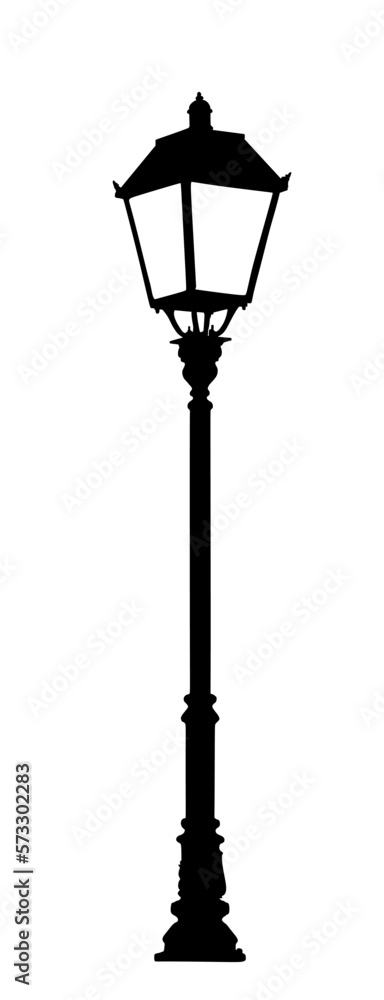 Street light lamp lantern vector silhouette illustration isolated on white background. Traditional urban exterior object. Electric power bulb on public place illumination in park. Outdoor object.