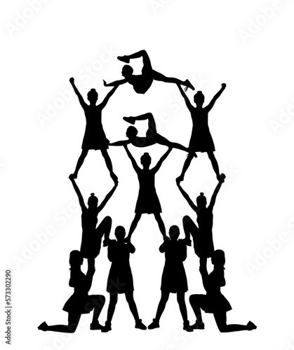 Cheerleader dancer figure vector silhouette illustration isolated on white. Cheer leading girl sport support. High school, collage cheer leading woman. Gymnastic lady pose perform. Energy dance fan.