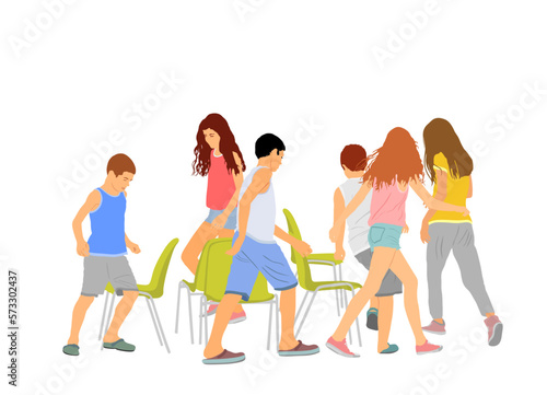 Children playing musical chairs game vector illustration isolated on white background. Happy birthday animation. Kids run around playing musical chairs game. Fun activity teenager. Tricky competition.