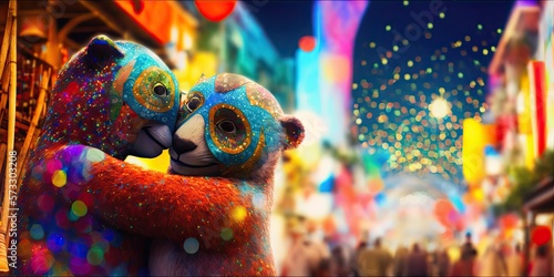 Brazilian Carnival. Mardi gras, Couple of surreal animals enjoying, celebrating the carnival party in the city, bokeh background