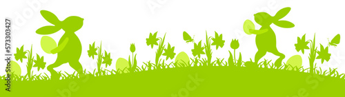 Happy easter holiday background banner panorama vector illustration for logo - Green silhouette of Easter bunny and easter eggs on spring meadow, isolated on white background