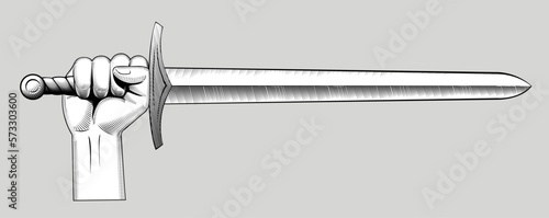 Hand holding a sword. Vintage engraving stylized drawing. Vector illustration