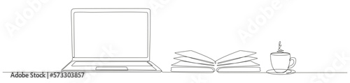 Continuous line drawing of laptop open book and coffee cup. Online education linear illustration. Vector isolated on white.